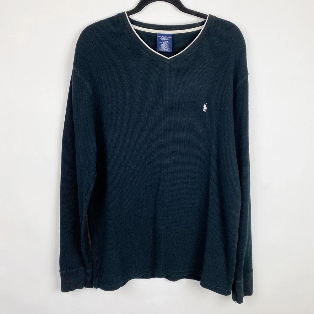 Polo Ralph Lauren Mens Black‎ Waffle Knit Long Sleeve V Neck Sleep Shirt XL